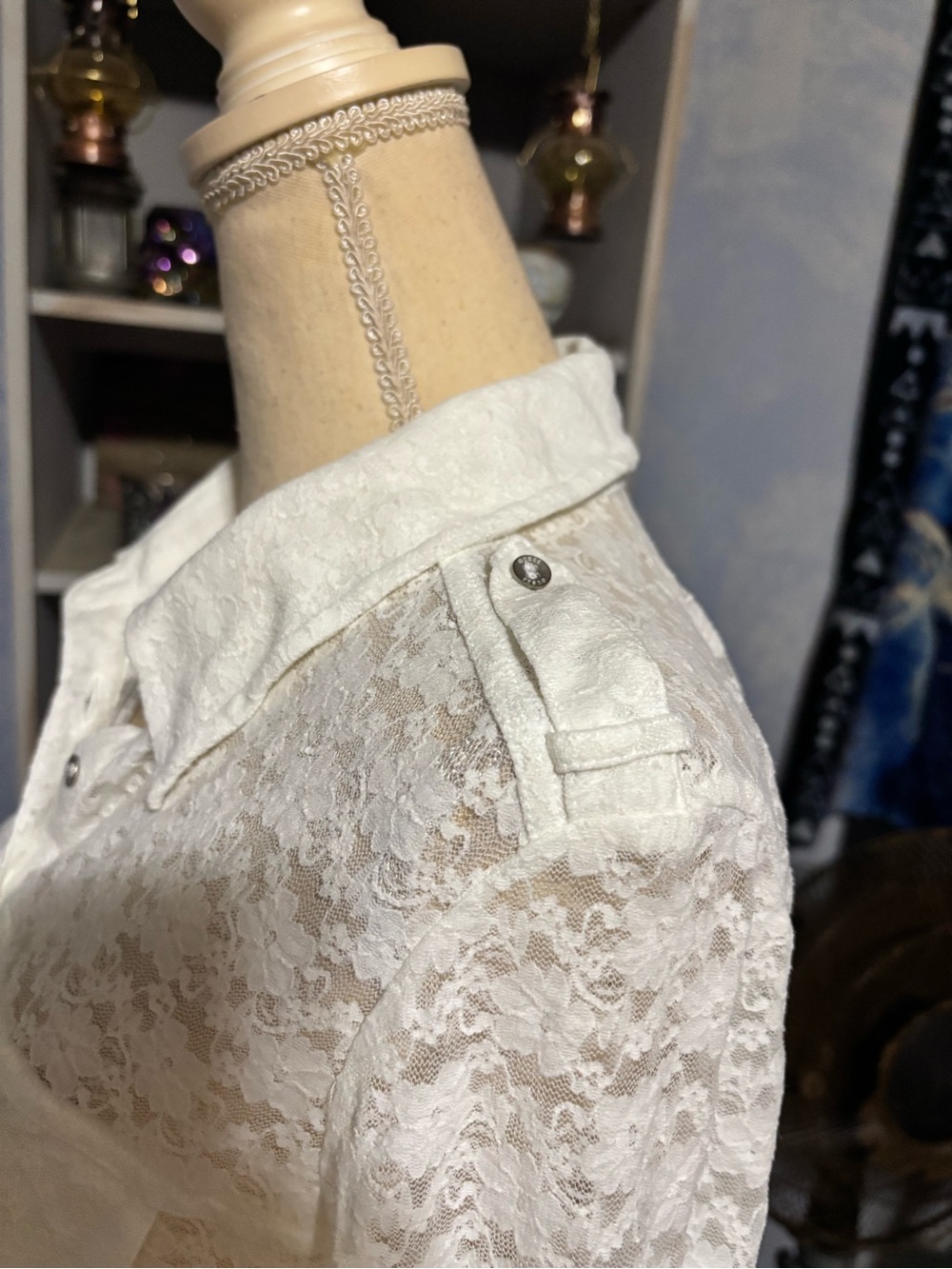 GUESS L White Floral Lace Ruffle Shirt Dress Boho Western Bridal - Picture 7 of 15